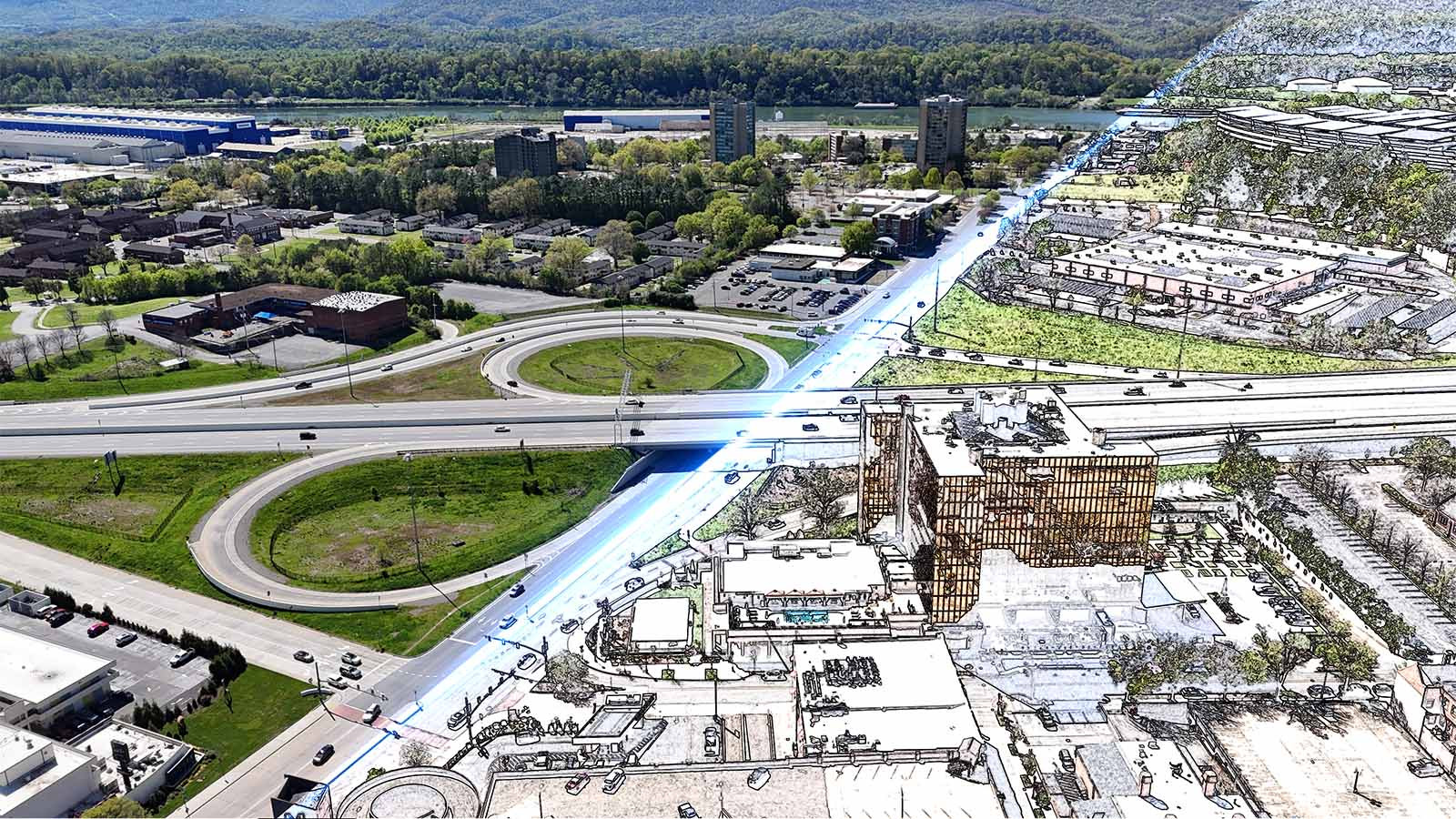 Aerial shot of Chattanooga, TN, split diagonally - one half looks digital, one photographic