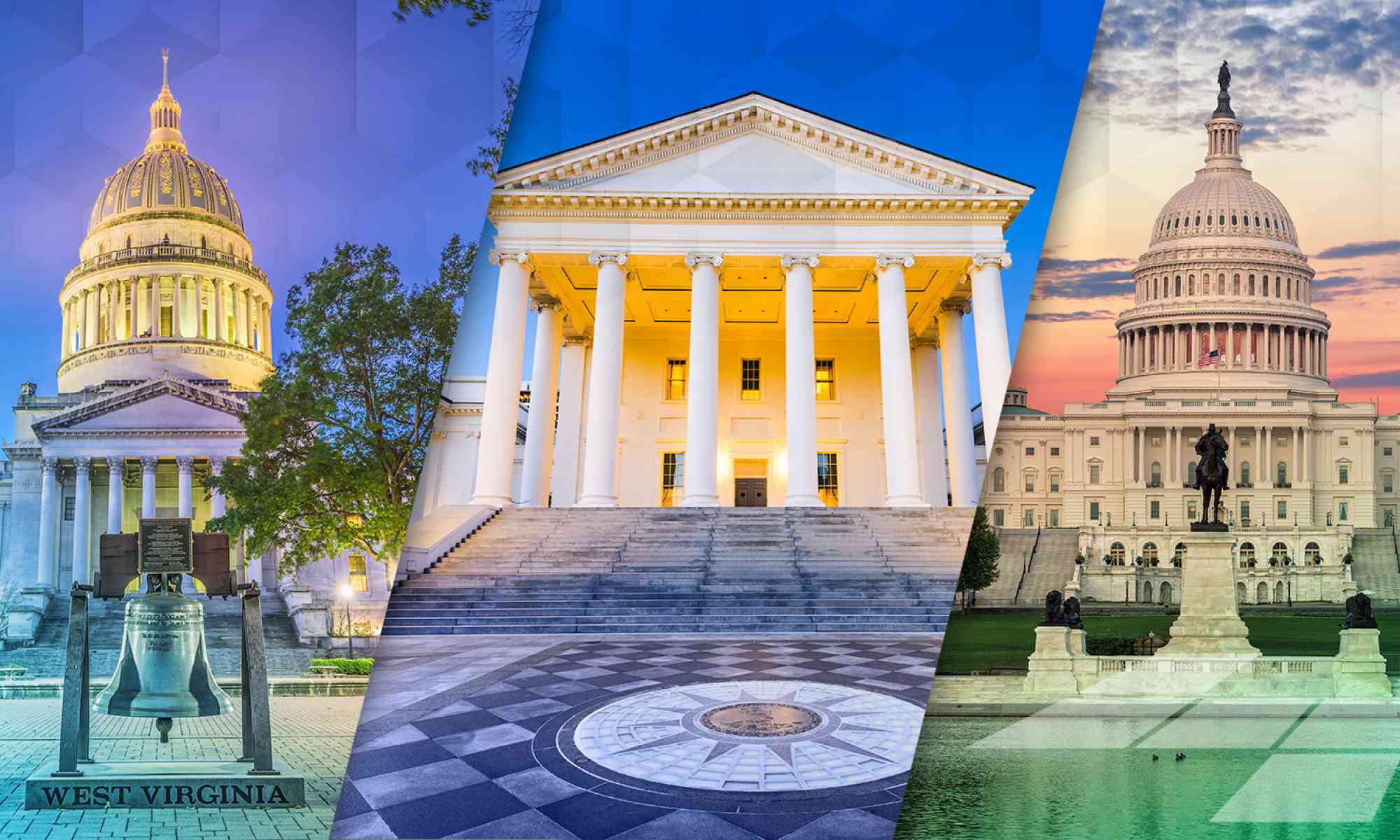 Montage of the state capital buildings in West Virginia, Virginia, and Washington D.C.