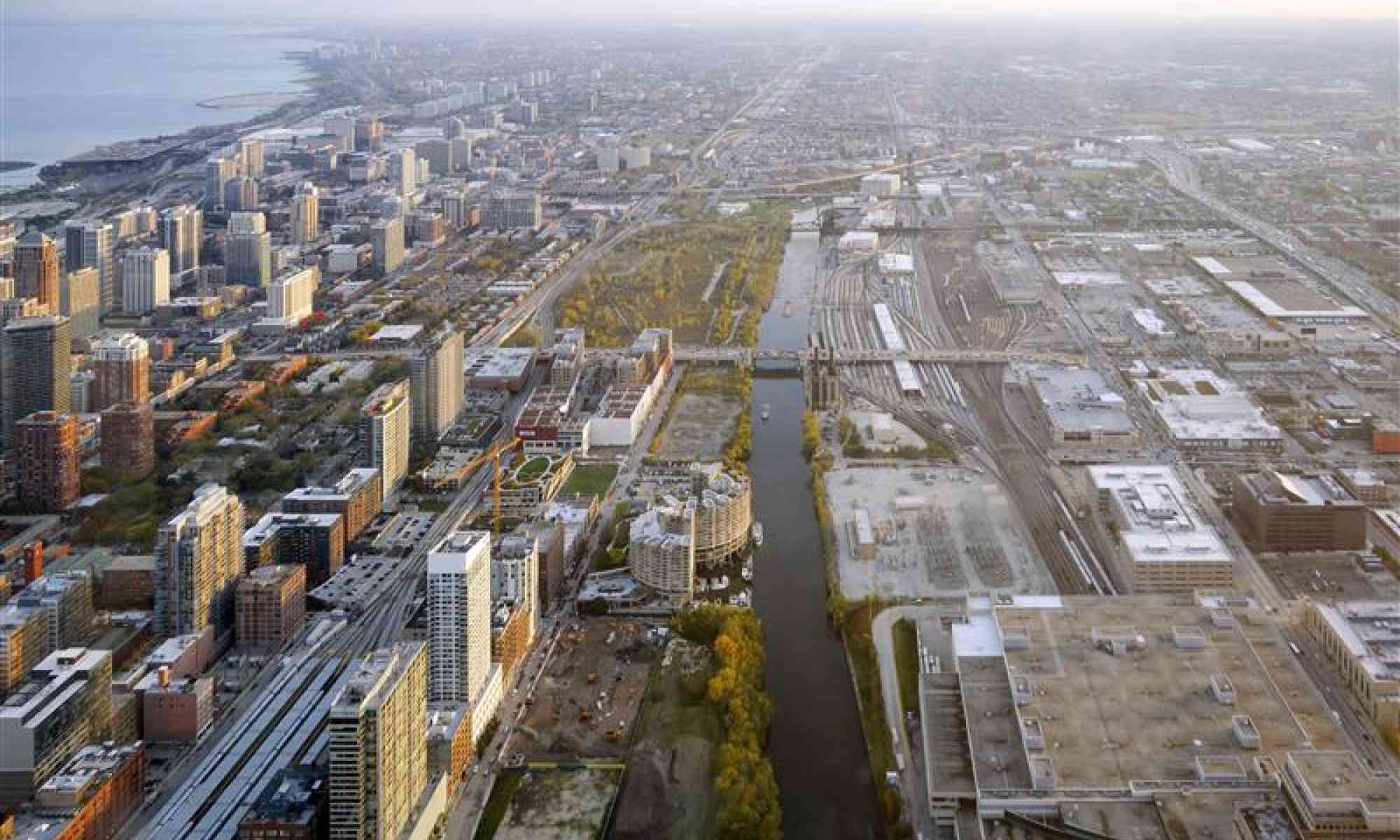 Aerial shot of the south side of the city of Chicago