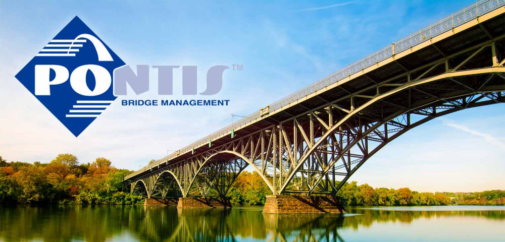 Image of the Strawberry Mansion bridge in Philadelphia with the Pontis Bridge Management logo over top